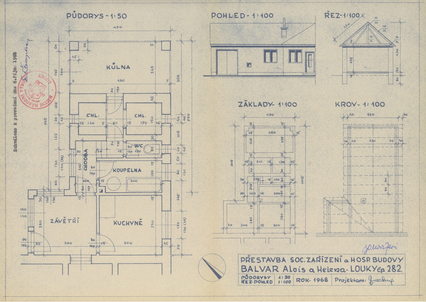 Stavební plán přestavby domu čp. 282 z roku 1968 (poslední obyvatelé: Balvarovi)