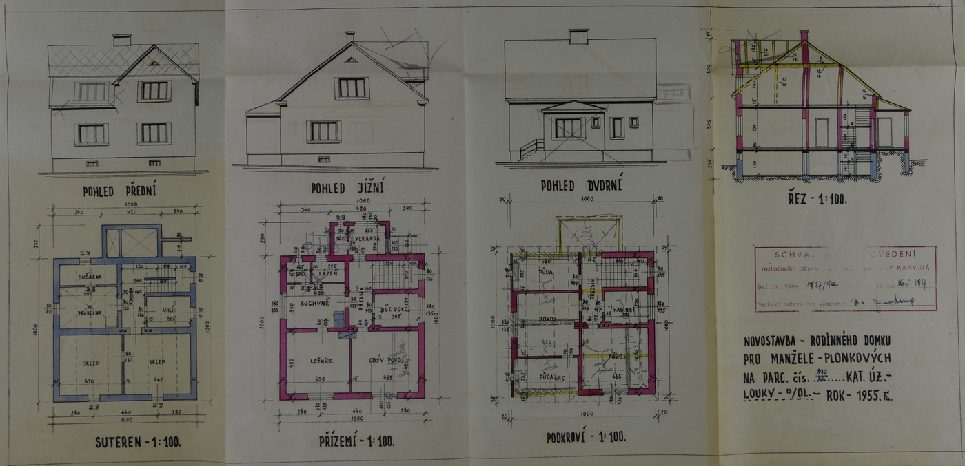 Stavební plán novostavby domu čp. 289 z roku 1955 (poslední obyvatelé: Ledvoň J.)
