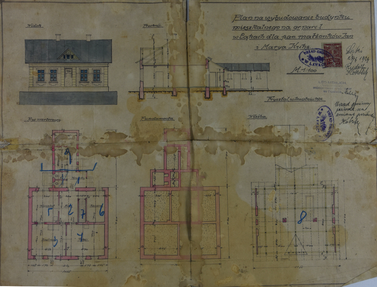 Stavební plán domu čp. 289 z roku 1924 (poslední obyvatelé: Ledvoň J.)