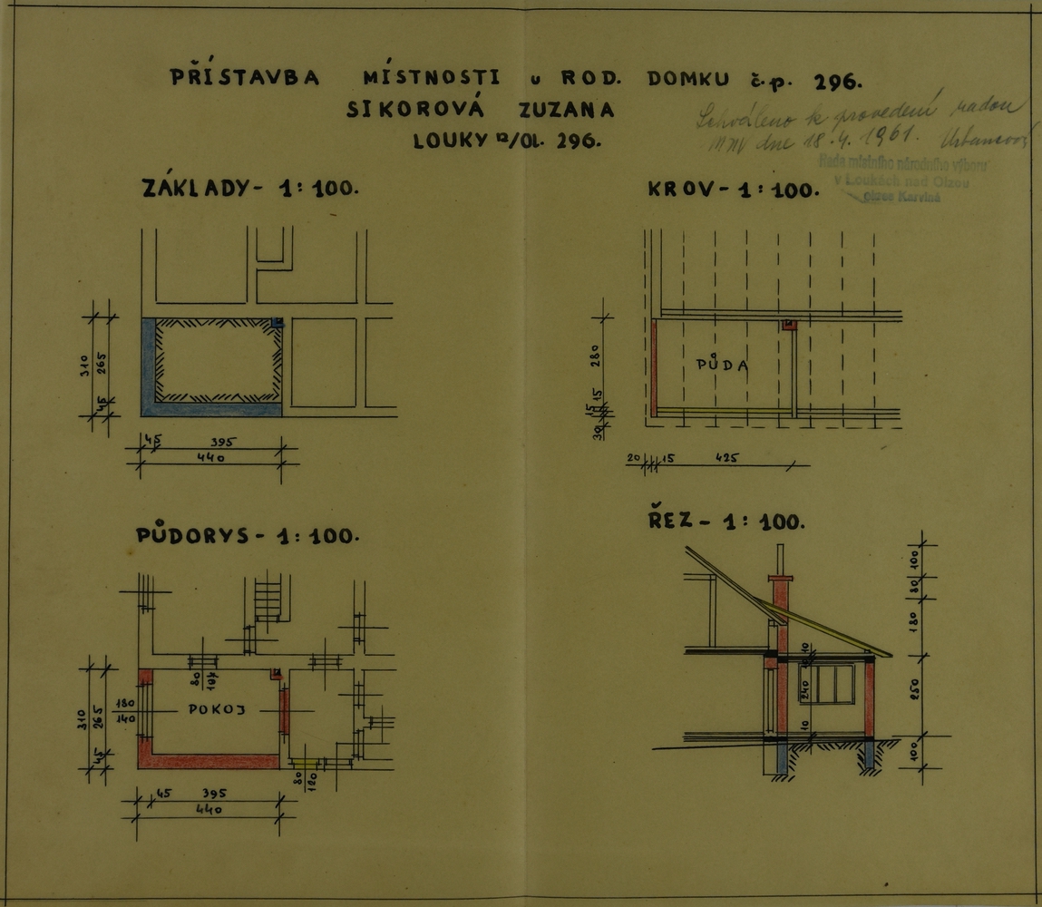 Stavební plán pro přístavbu k domu čp. 296 z roku 1961 (poslední obyvatelé: Klodovi, Sikorová)
