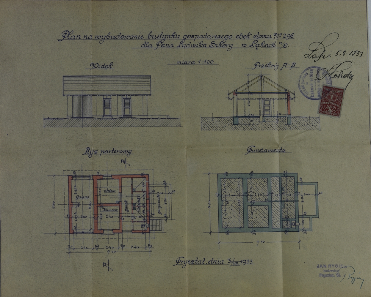 Stavební plán pro hospodářskou budovu u domu čp. 296 z roku 1933 (poslední obyvatelé: Klodovi, Sikorová)