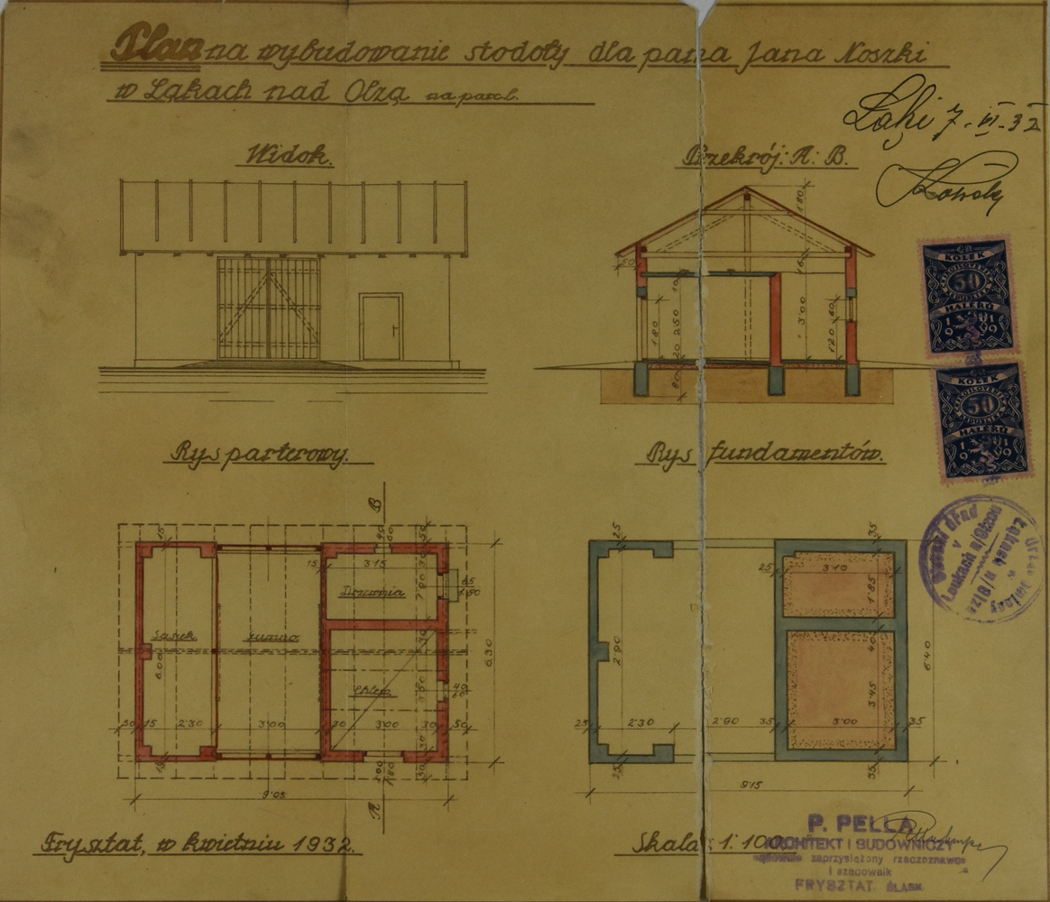 Stavební plán stodoly u domu čp. 298 z roku 1932 (poslední obyvatelé: Palaczyk E., Noszkovi)