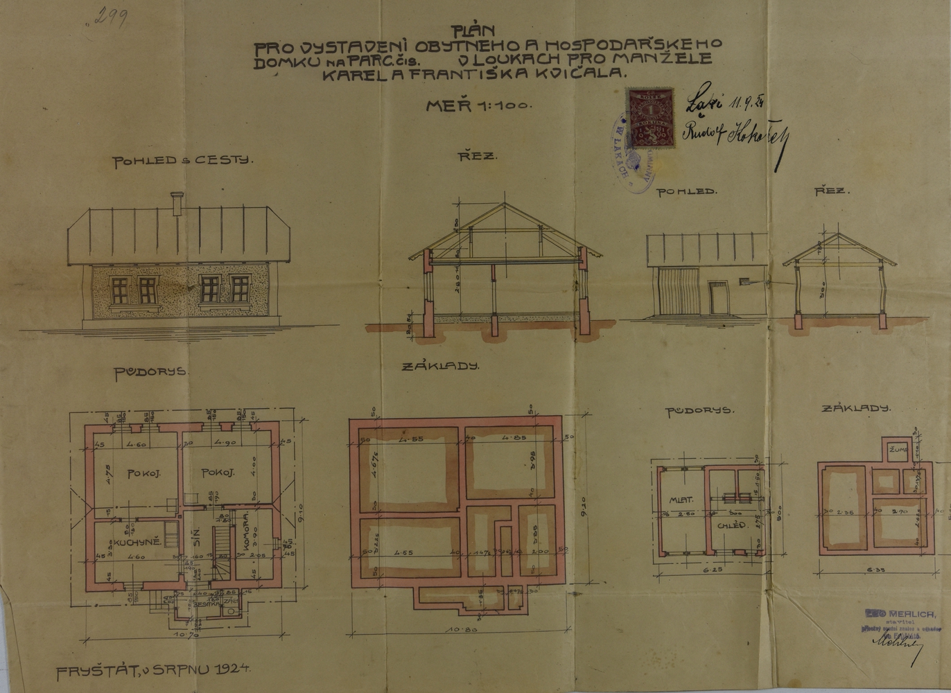 Stavební plán domu čp. 299 z roku 1924 (poslední obyvatelé: Kwiczalovi)
