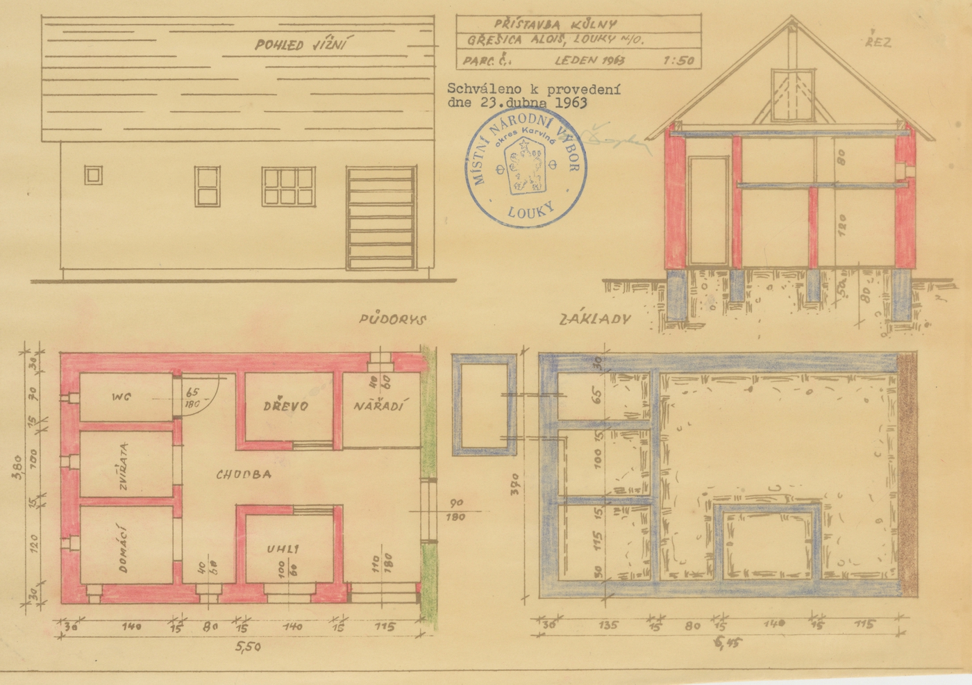 Stavební plán pro přístavbu kůlny k domu čp. 301 z roku 1963 (poslední obyvatelé: Gřešica A.)