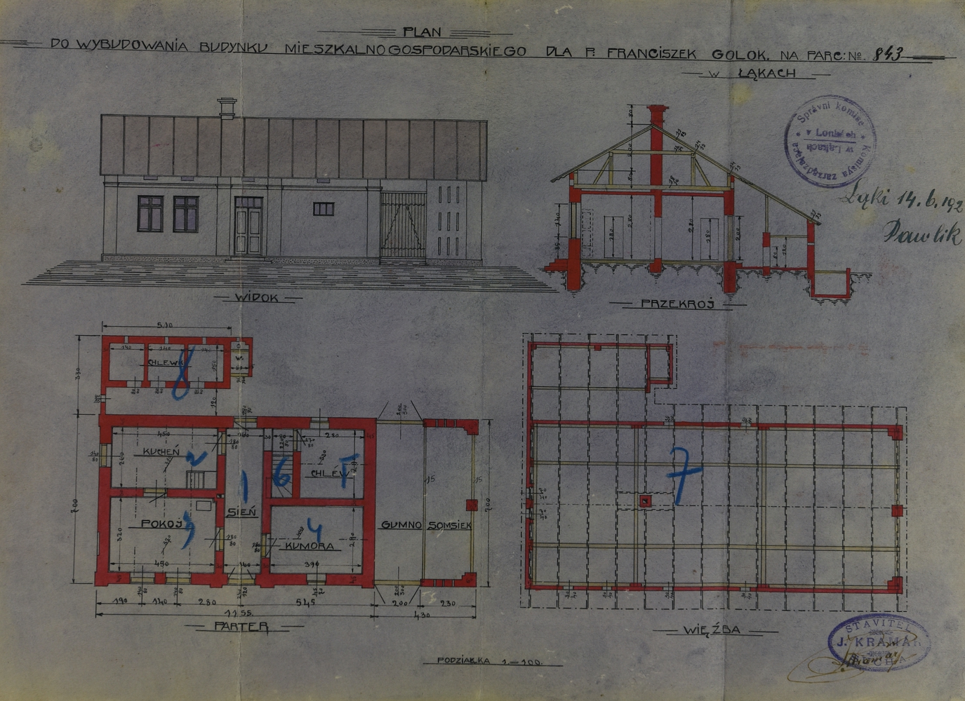 Stavební plán domu čp. 303 z roku 1924 (poslední obyvatelé: Musiolkovi, Orszulikovi)