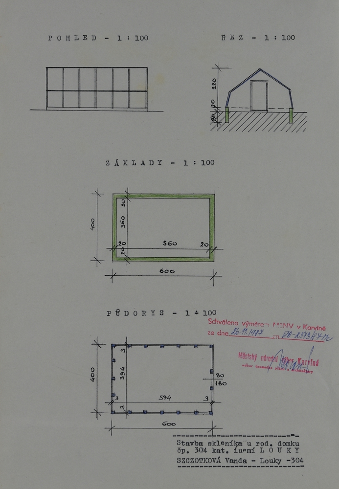 Plán skleníku u domu čp. 304 z roku 1987 (poslední obyvatelé: Szczotkovi)