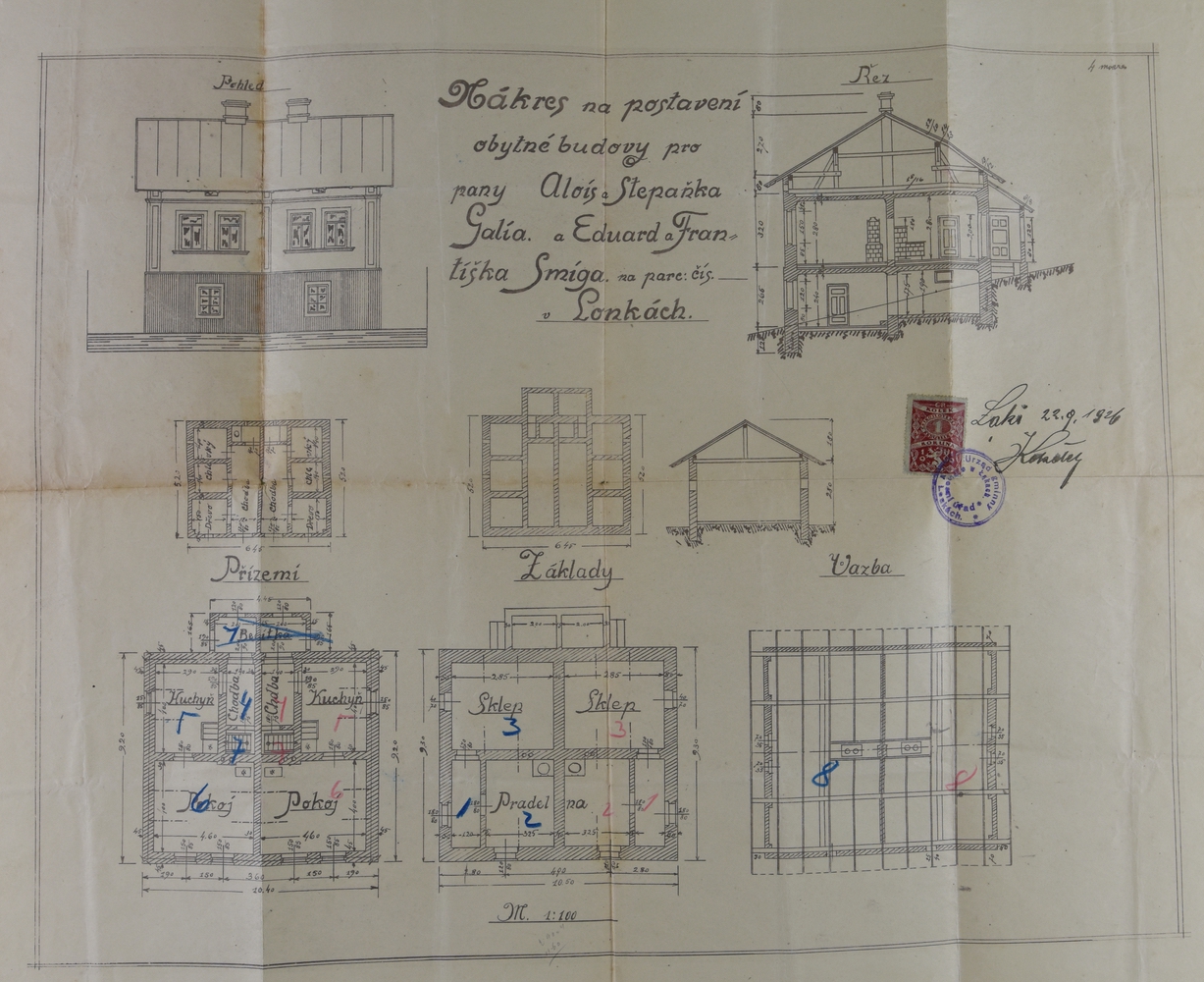 Stavební plán domu čp. 308 z roku 1926 (poslední obyvatelé: Galia A. + F.), čp. 312  (poslední obyvatelé: Szmiga E. + F.)