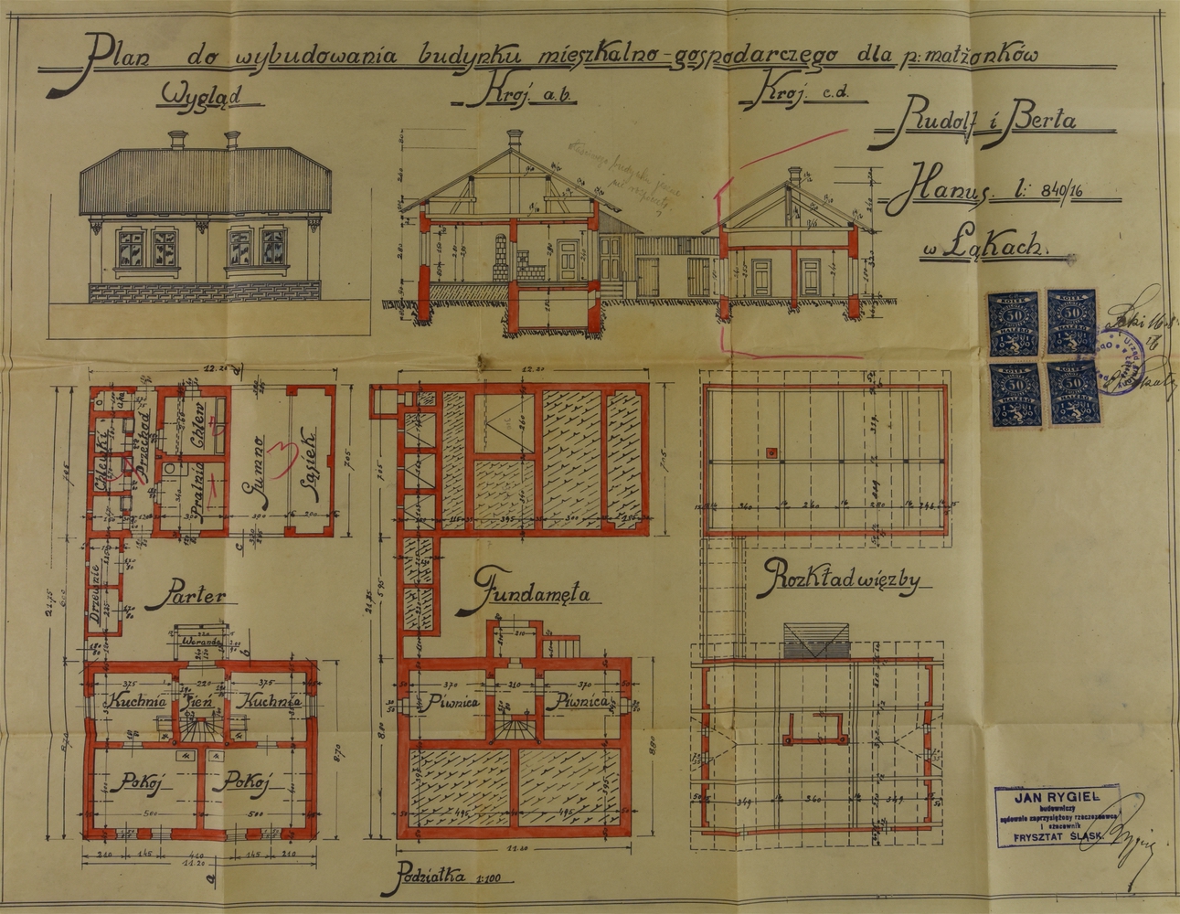 Původní stavební plán domu čp. 316 z roku 1926 (poslední obyvatelé: Hanusovi)