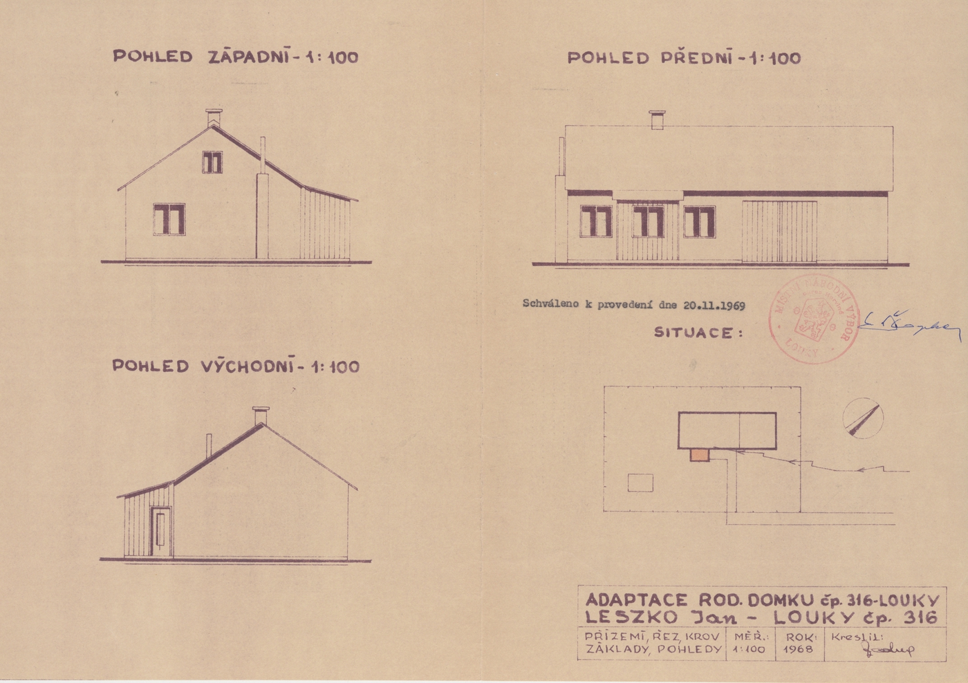 Plán adaptace domu čp. 316 z roku 1968 (poslední obyvatelé: Hanusovi)