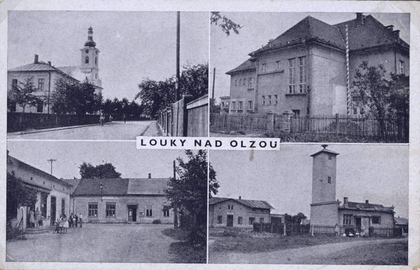 Budova české školy v Loukách (čp. 319) na dobové pohlednici (vpravo nahoře)