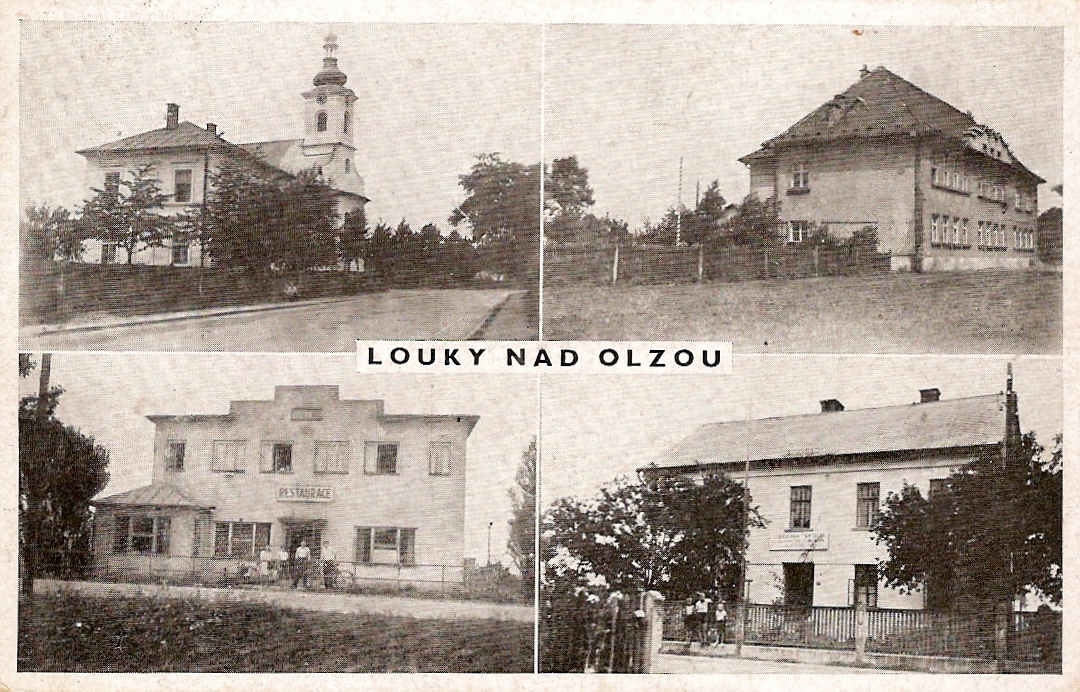 Budova české školy v Loukách (čp. 319) na dobové pohlednici (vpravo nahoře)