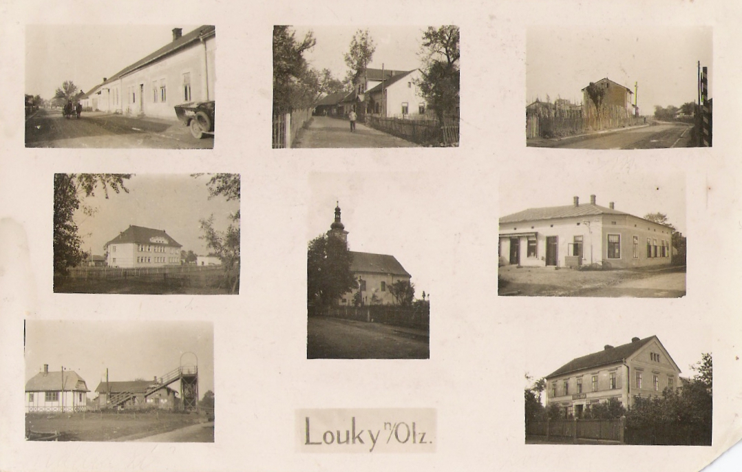 Budova české školy v Loukách (čp. 319) na dobové pohlednici (uprostřed vlevo)