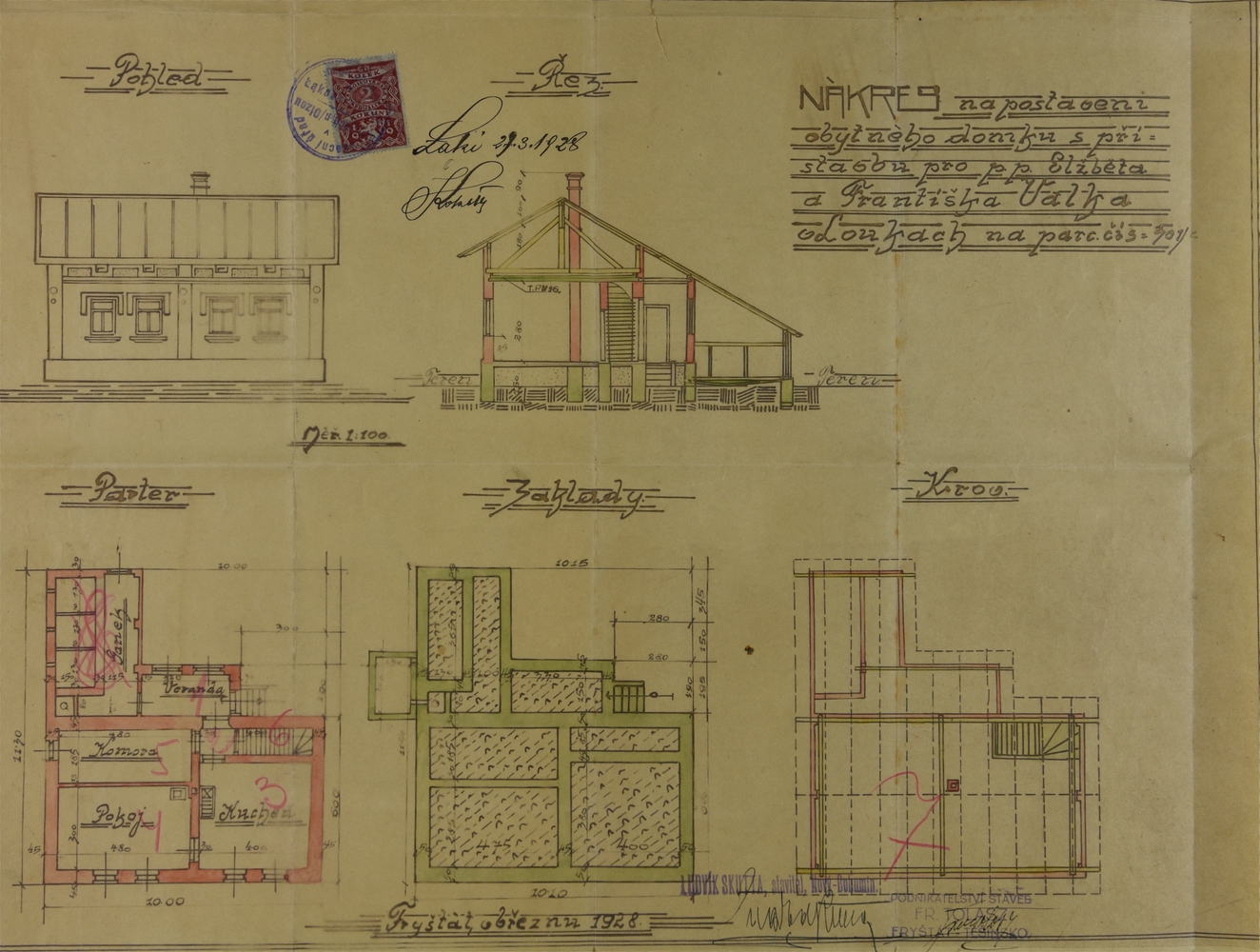 Stavební plán domu čp. 321 z roku 1928 (poslední obyvatelé: Chlebus S., Jajtner L., Válek F. + E.)