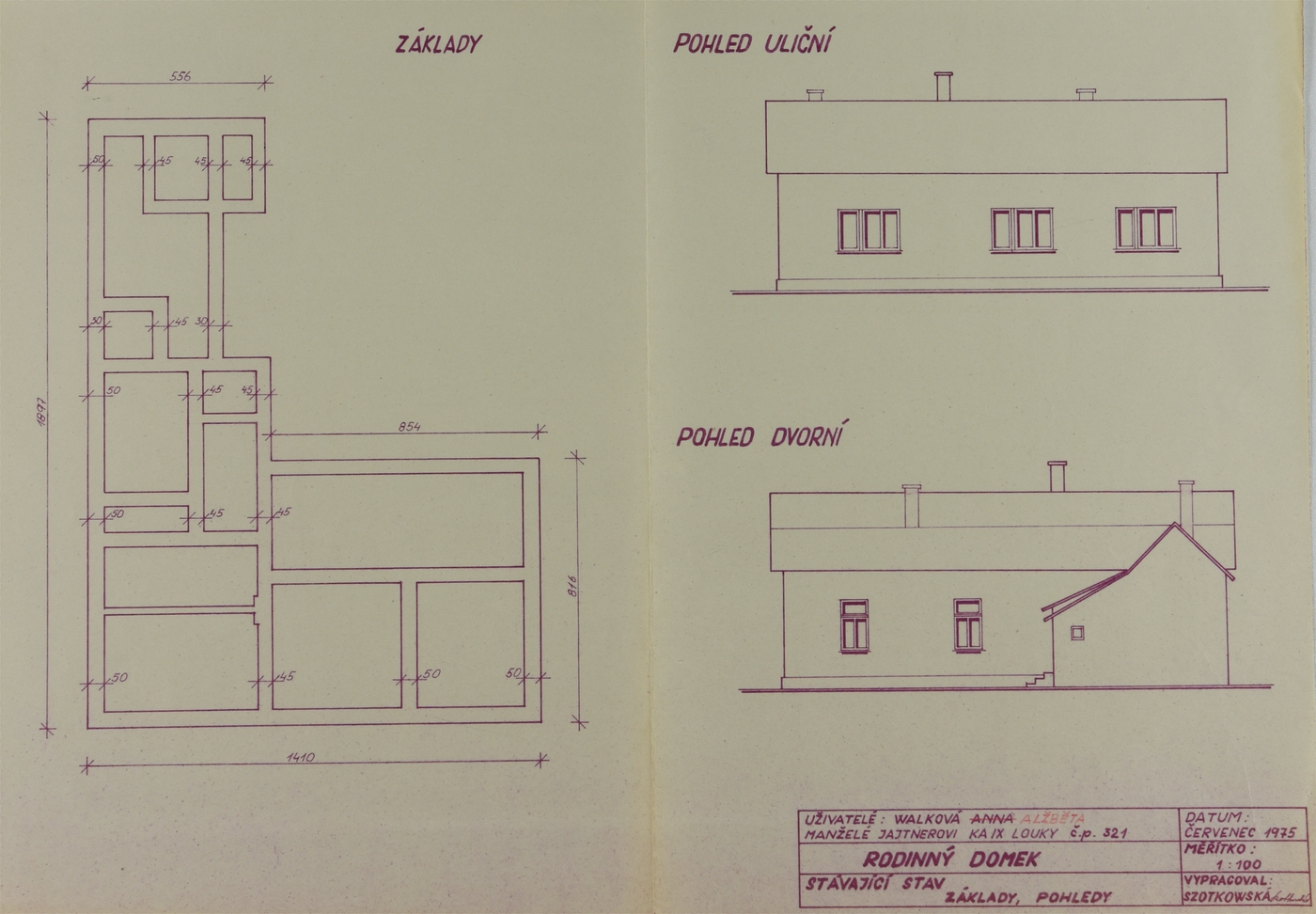 Plán domu čp. 321 z roku 1975 (poslední obyvatelé: Chlebus S., Jajtner L., Válek F. + E.)
