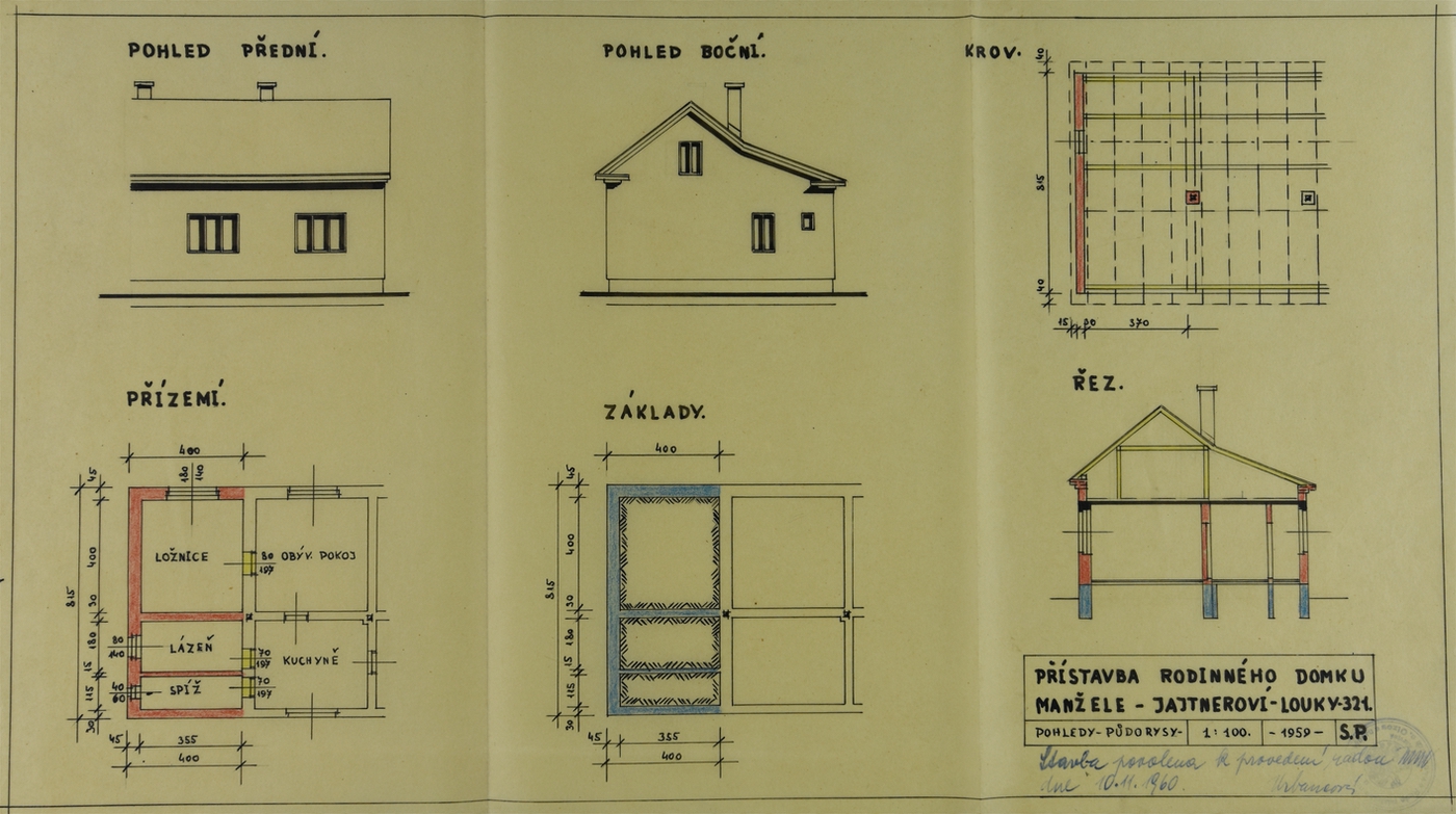 Plán přístavby k domu čp. 321 z roku 1959 (poslední obyvatelé: Chlebus S., Jajtner L., Válek F. + E.)