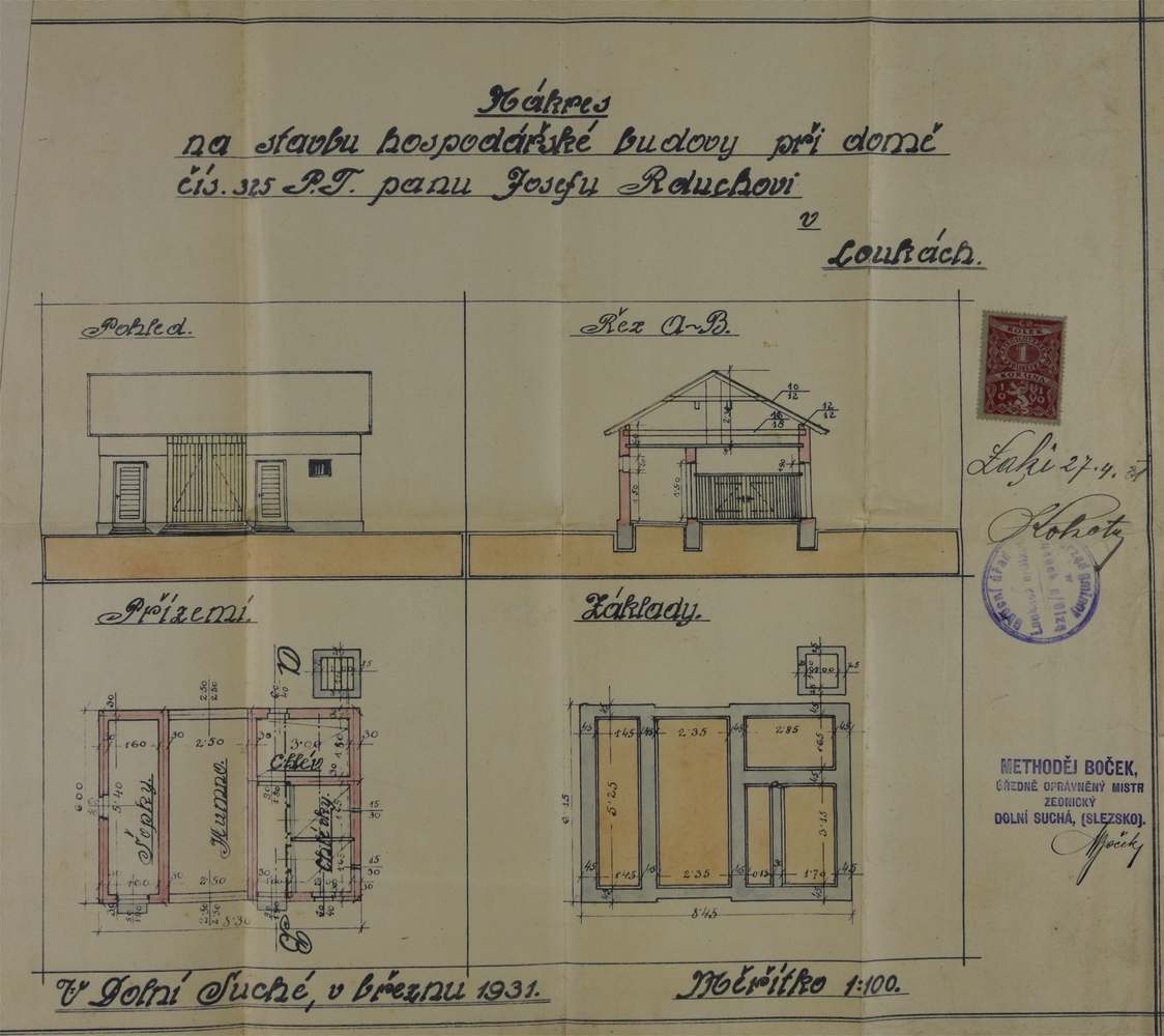 Plán hospodářské přístavby k domu čp. 325 z roku 1931 (poslední obyvatelé: Rduch, Cienciala B.)