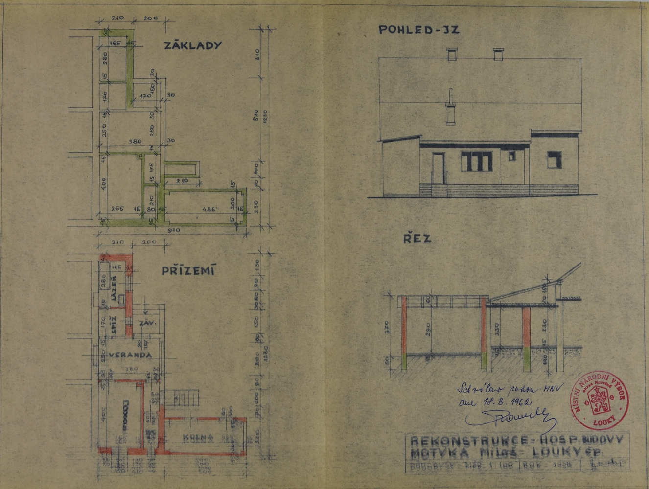 Plán rekonstrukce hospodářské budovy domu čp. 327 z roku 1958 (poslední obyvatelé: Motyka M.)