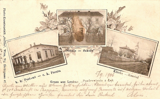 Pošta v domě čp. 35 na dobové pohlednici z roku 1906 (snímek vlevo)