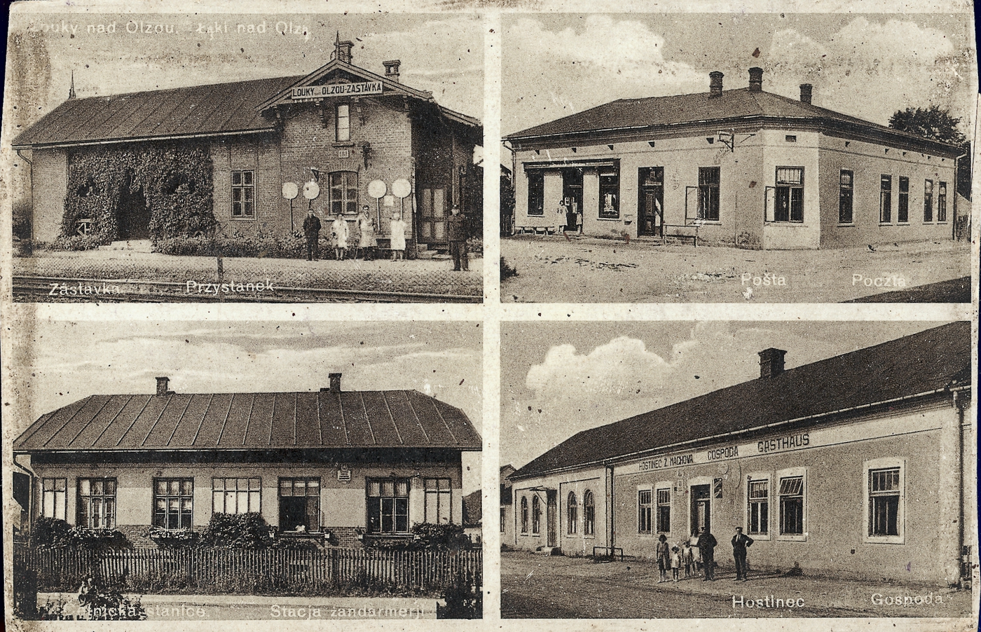 Pošta v domě čp. 35 na dobové pohlednici (vpravo nahoře)