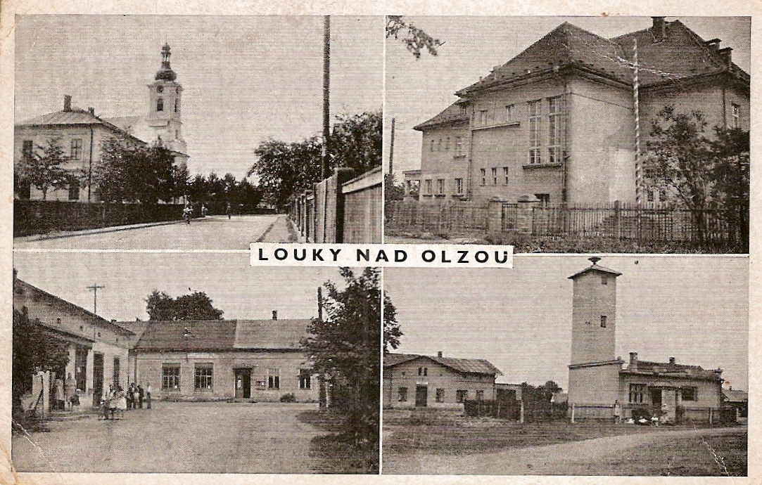 Obchod čp. 35 na dobové pohlednici (snímek vlevo dole, budova před kterou stojí lidé...)
