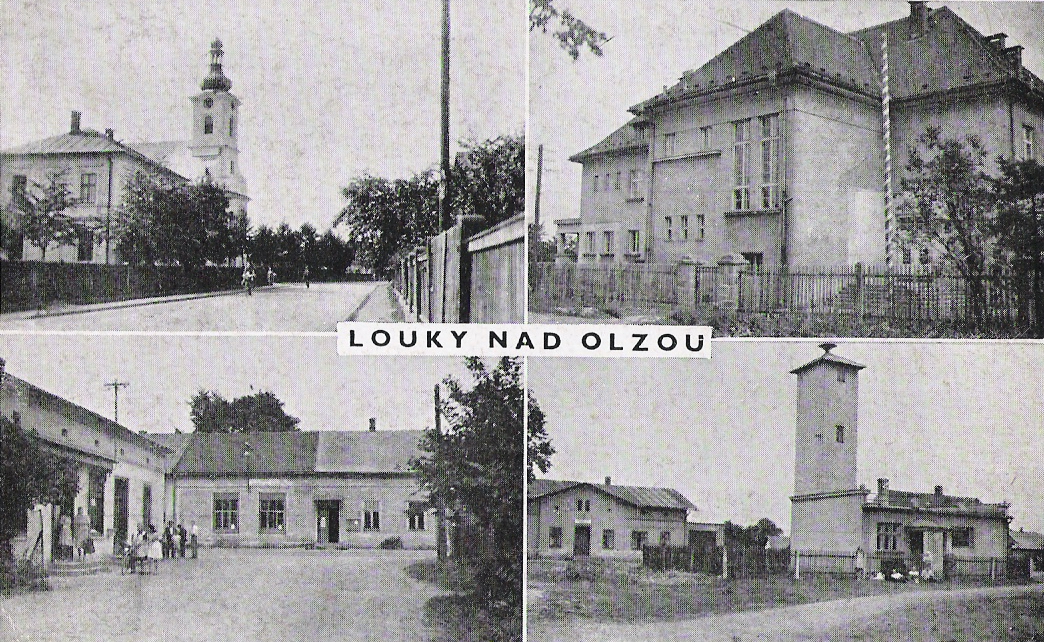 Dům čp. 83, pozdější sídlo MNV v Loukách na dobové pohlednici (snímek vlevo dole)