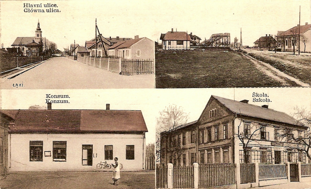 Dům čp. 83 (Konzum), pozdější sídlo MNV v Loukách na dobové pohlednici (snímek vlevo dole)
