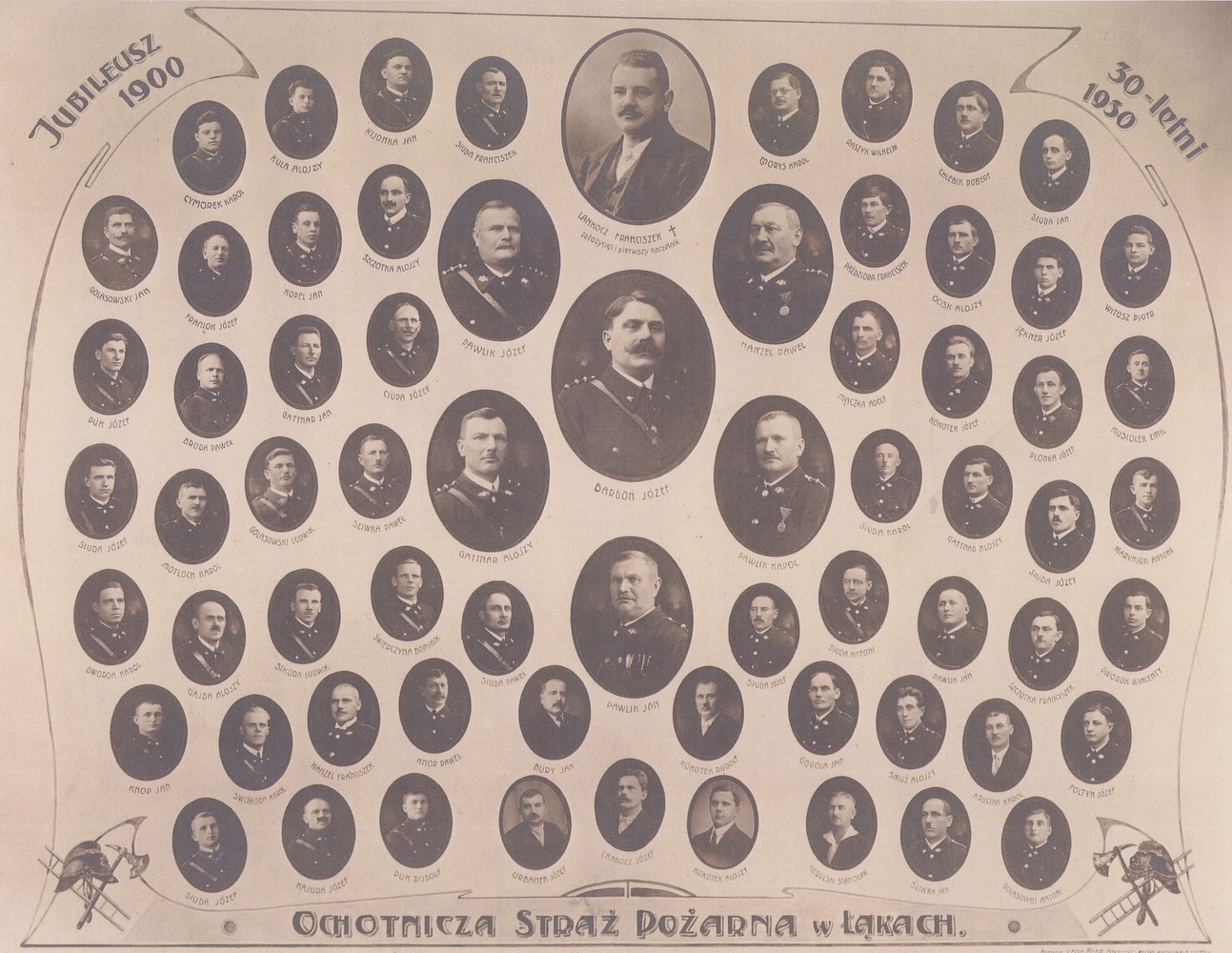 Ochotnicza Straż Pożarna w Łakach, tablo ke 30. výročí založení (1900-1930) (S laskavým svolením p. Roberta Rottera, ze soukromé sbírky)