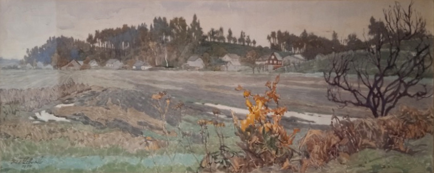 Louky na obrazu malíře Rudolfa Žebroka z roku 1974. Obraz byl malován pro p. K. Rottera (čp. 202). V pravé části obrazu je nejviditelnější hnědý dům čp. 580, vpravo za ním pak dům čp. 202, směrem doleva následují domy čp. 155, 161, 117, 283, 441, 80, 68, 348 a čp. 94. (S laskavým svolením p. Roberta Rottera, z rodinné sbírky)