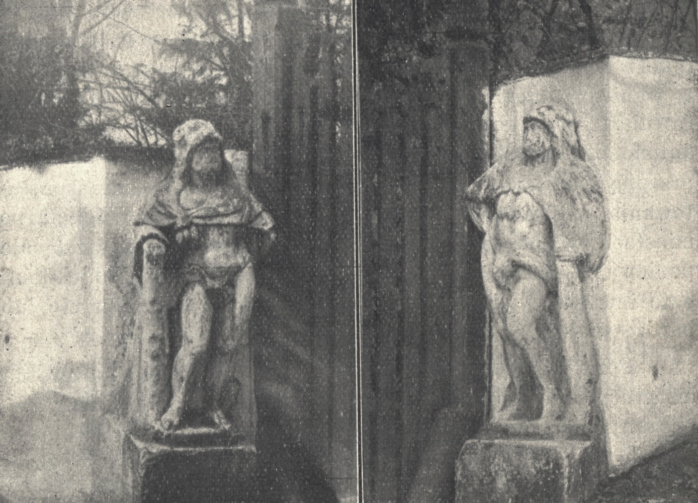 Kopie snímku obou soch mužů u brány do zámeckého parku v Ráji ( Popiolek, Franciszek: Dzije Śląska Austryackiego z illustracyami, Tom II. Cieszyn, 1913)
