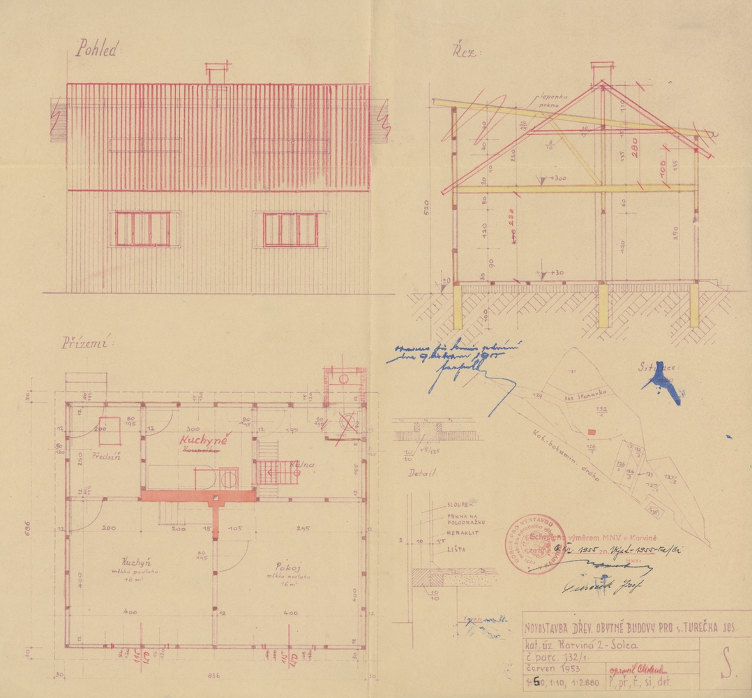 Stavební plán dřevěné obytné budovy čp. 11 na parcele č. 132/1 z roku 1953