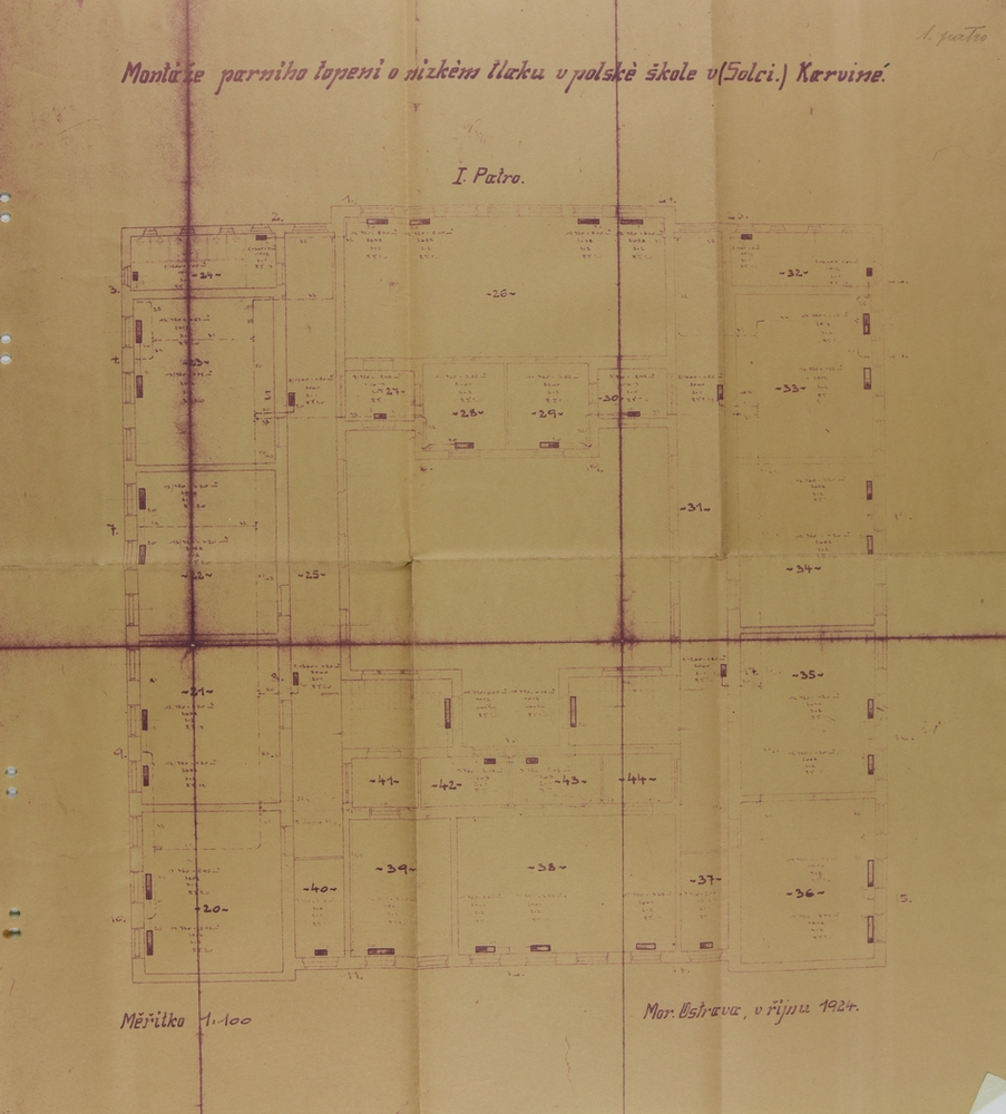 Plán montáže parního topení o nízkém tlaku v polské škole v Solci z roku 1924