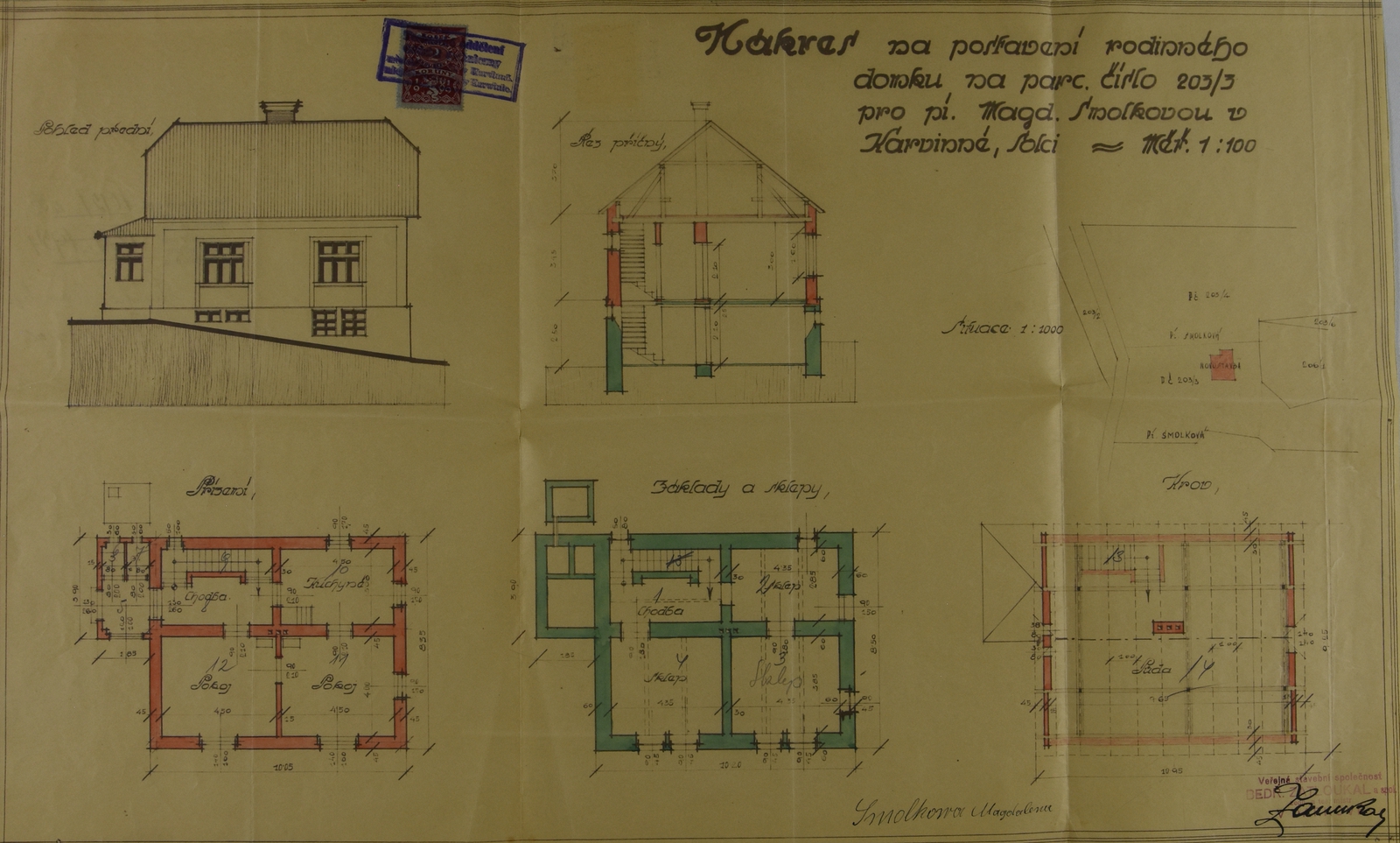 Realizovaný stavební plán domu čp. 32 v Solci z roku 1934