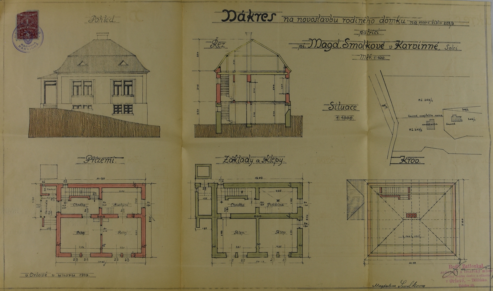 Nerealizovaný stavební plán domu čp. 32 v Solci z roku 1929