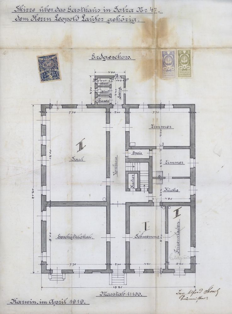 Stavební plán pro původní hostinec Leopolda Laufera v Solci, v domě čp. 47, z roku 1919