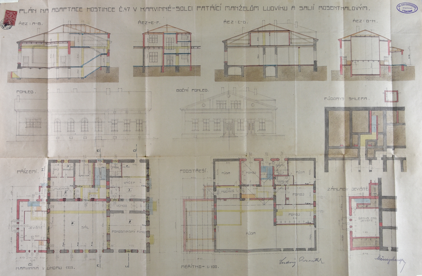 Stavební plán na adaptaci hostince v Solci čp. 47 patřící manželům Ludvíku a Salií Rosenthalovým, z roku 1925