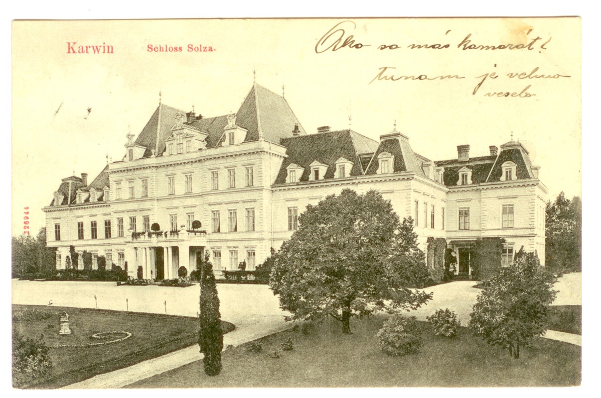 Celkový pohled na zámek v Solci z parku (Černobílá pohlednice. Vydáno Verlag der Buch- u. Steindruckerei Johann Nitkiewicz & Cie, Karviná, kolem roku 1908, Muzeum Těšínska, Český Těšín, H 34 842)