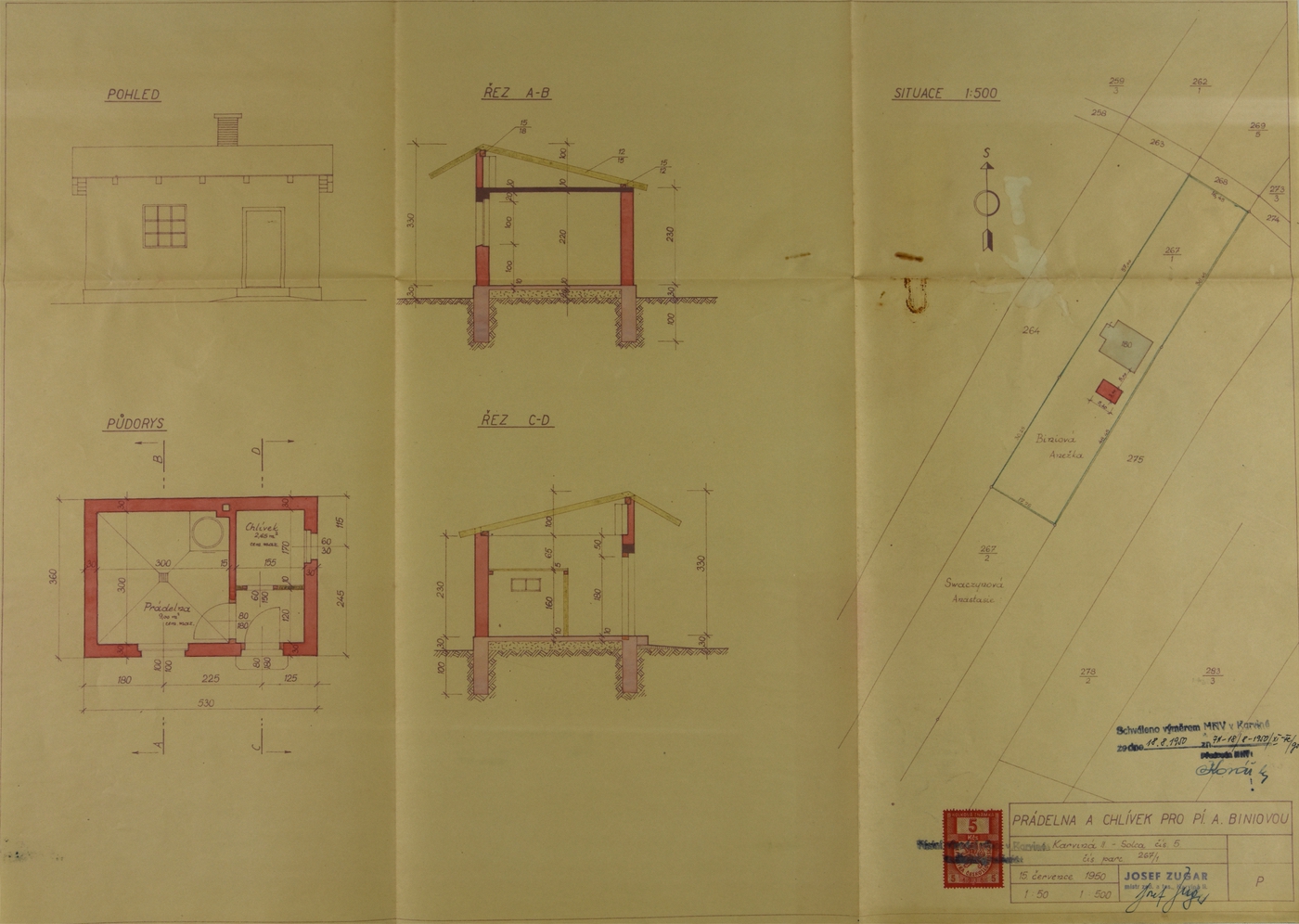 Stavební plán prádelny a chlívku k domu čp. 5 v Solci z roku 1950