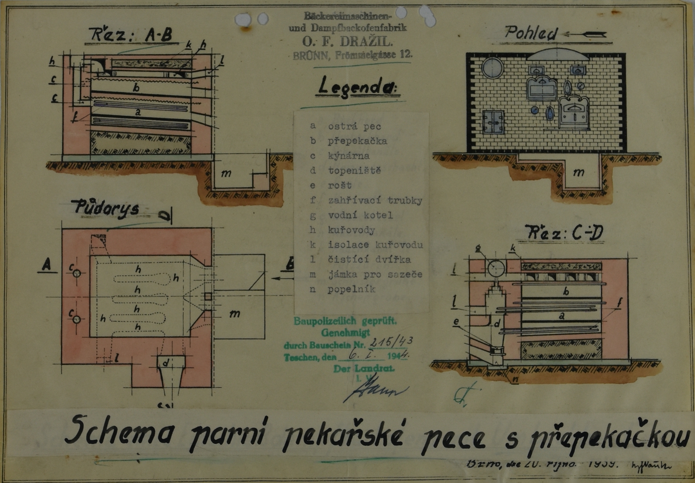 Schema parní pekařské pece s přepekačkou