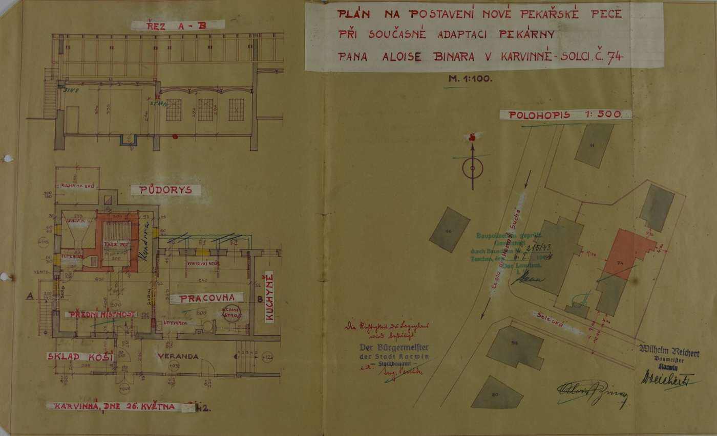 Plán na postavení nové pekařské pece při současné adaptaci pekárny pana Aloise Binara v Karvinné - Solci č. 74 (1942)