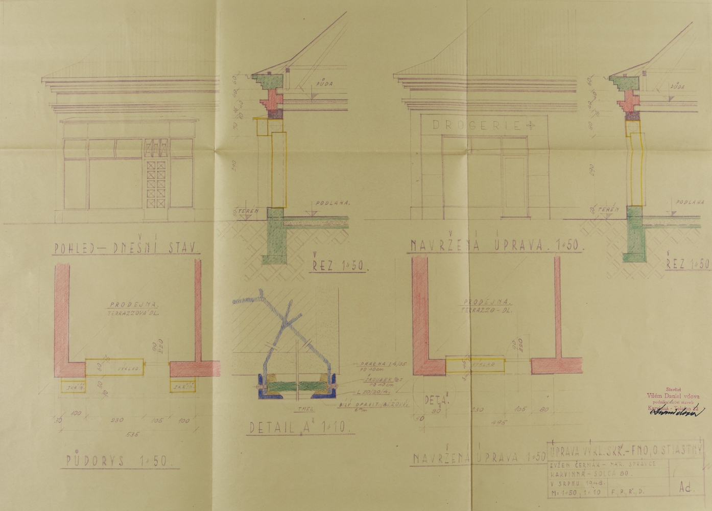 Návrh na adaptaci výkladní skříně prodejny drogerie v domě čp. 80 v Solci z roku 1948