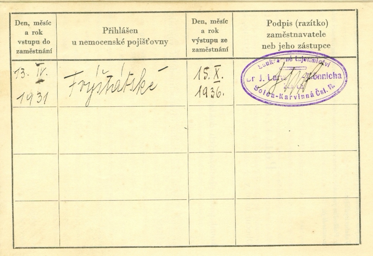 Pracovní zápis v průkazu pojištěnce zaměstnankyně zahradnictví Anny Dworok (Zdroj: E. Schweserová, P. Bindač: SOLCA Tajemství zámeckého parku = KLIK NA FOTOGRAFII. Foto ze soukromé sbírky Vladislava O.)