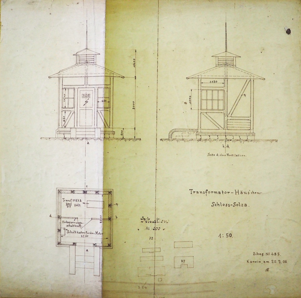 Plán z roku 1906 na výstavbu trafostanice, která poté stála v blízkosti zámeckého zahradnictví (Zdroj: E. Schweserová, P. Bindač: SOLCA Tajemství zámeckého parku = KLIK NA FOTOGRAFII. Foto Petr Bindač, archiv OKD)