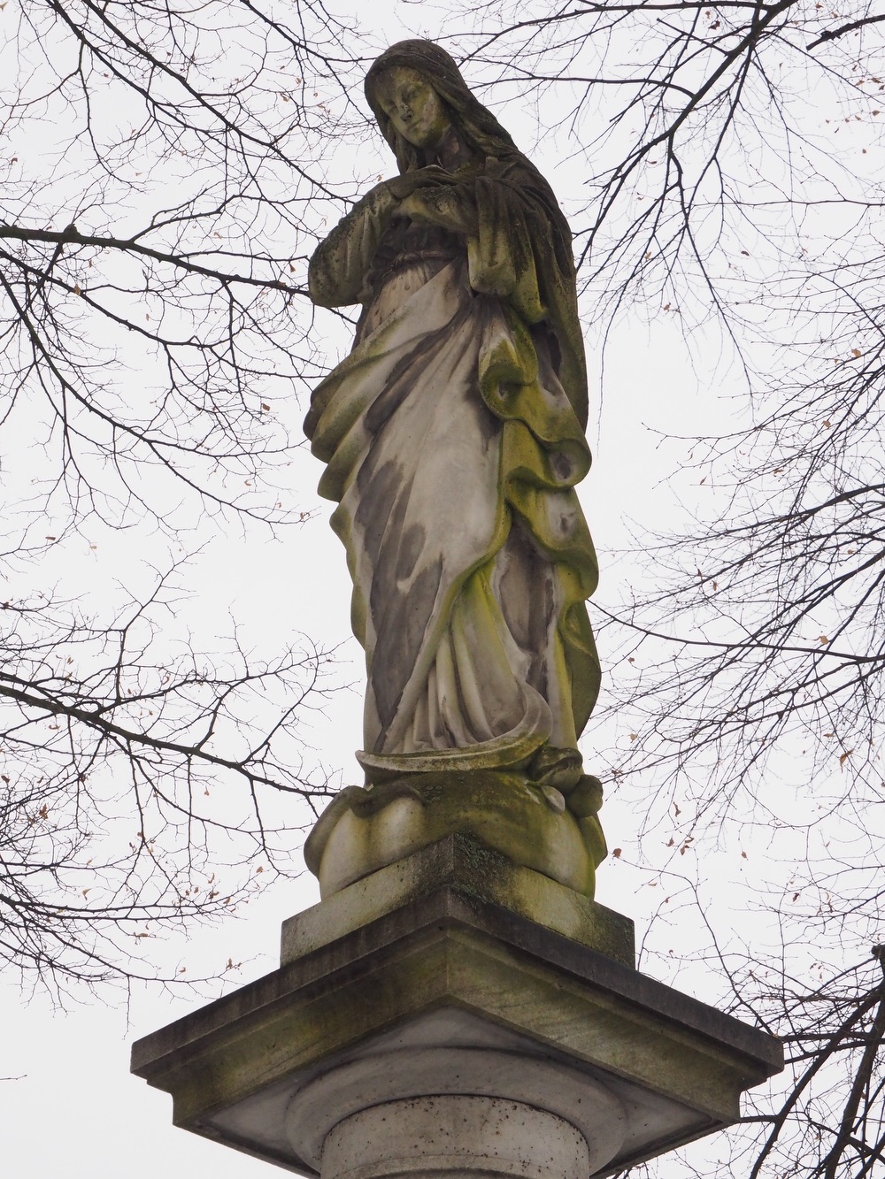 Sloup Panny Marie u kostela sv. Petra a Pavla v Albrechticích. Sloup původně stával u kostela sv. Jindřicha ve staré Karvinné. (Fotografováno: 2022. Autor: Schweserová Erika)
