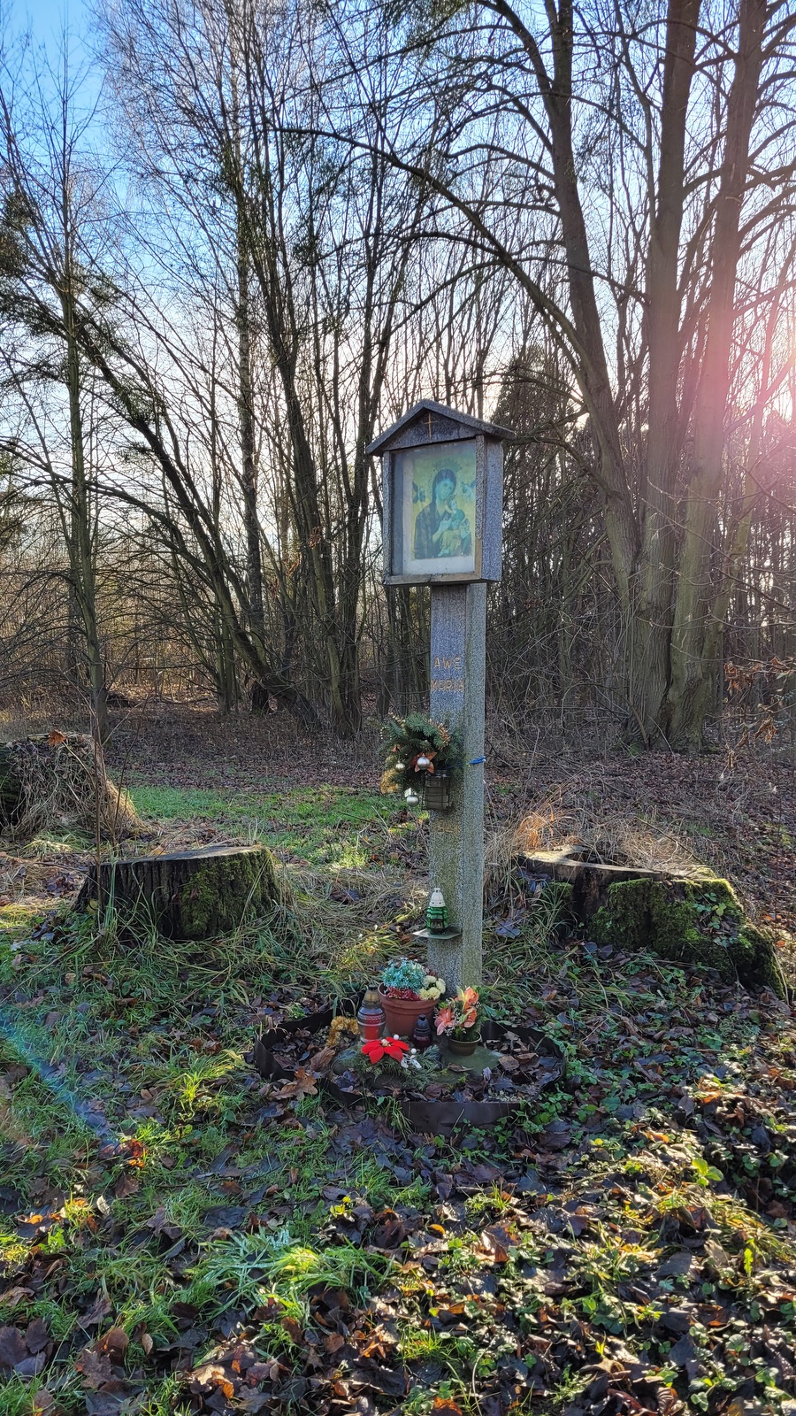 Obrázek Panny Marie u bývalé kolonie Mühsam v Orlové. Místu se říkalo: U Obrozka. Nynější podoba s nápisem Awe Maria pochází z roku 1941. Do té doby byl obrázek Panny Marie dle potřeby obměňován a upevňován na prostřední ze tří líp vysázených na upomínku tragické smrti asi tří lidí na počátku 20. století. V současné době již ani jedna lípa nestojí, jen torzo jednoho kmene leží poblíž... (Fotografováno: 28.12.2023. Autor a popis: Petr Bindač)
