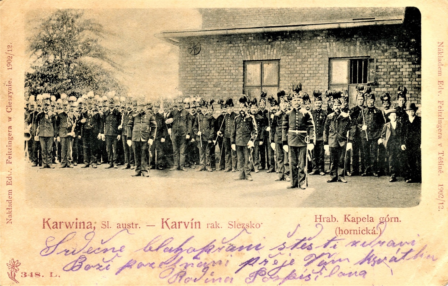 Hornická kapela hraběte Larisch-Mönnicha na pohlednici z roku 1902 (Externí zdroj: mindat.org = KLIK NA OBRÁZEK)