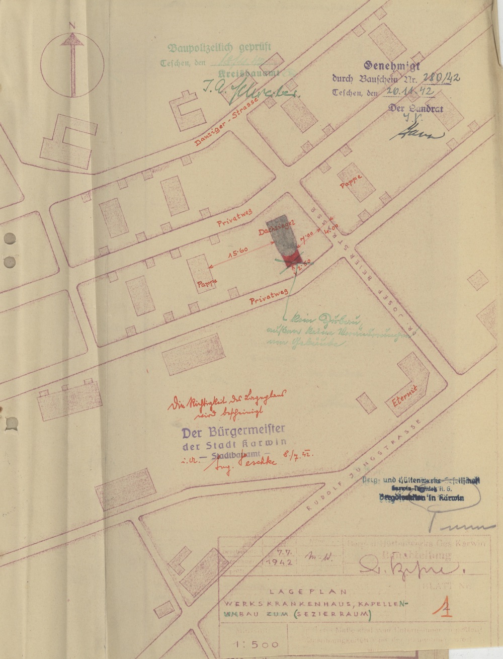 Situační plán pro odstranění apsidy kaple Závodní nemocnice z roku 1942
