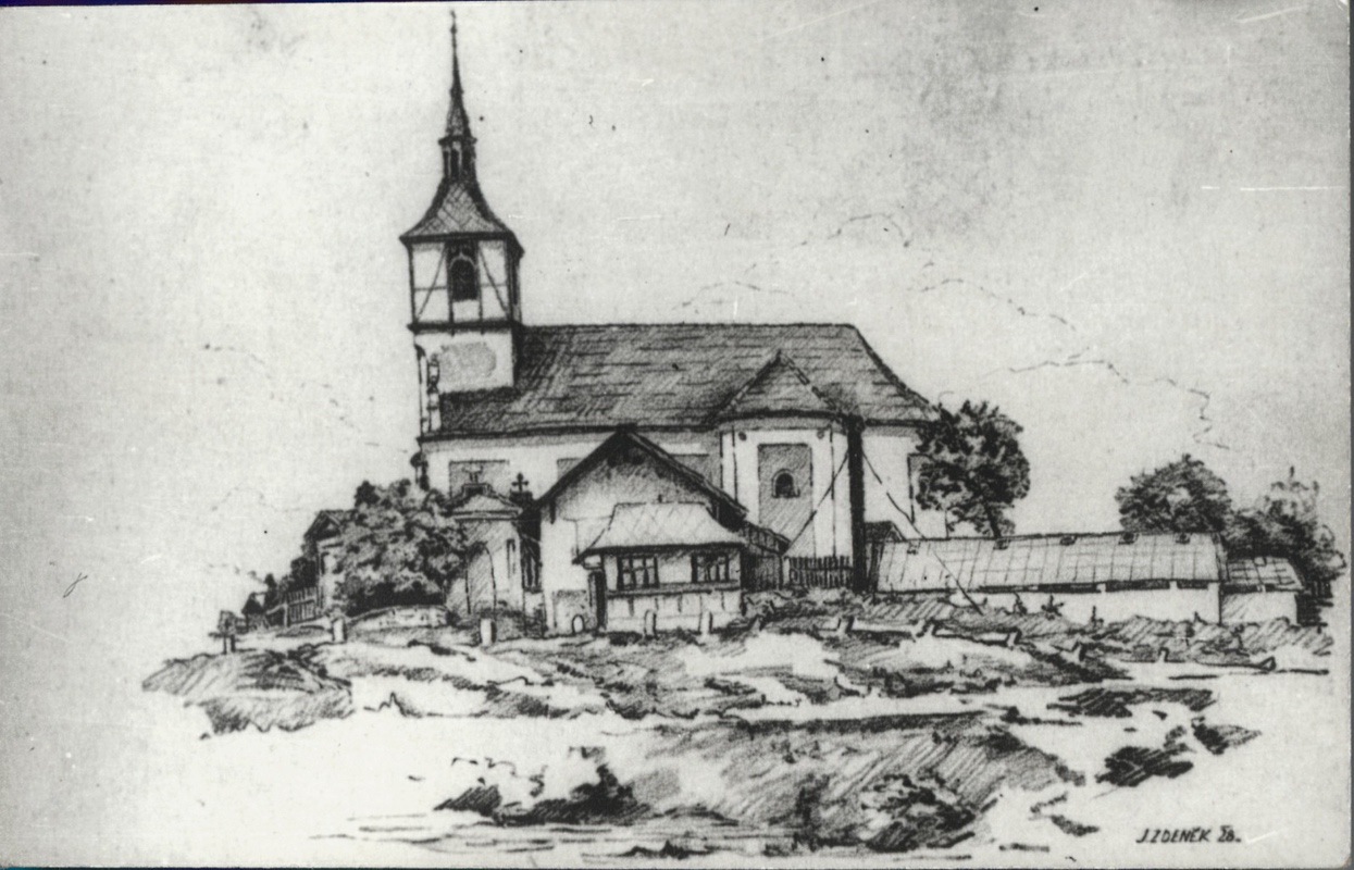 Kostel sv. Petra z Alkantary na kresbě neznámého autora. V popředí domek čp. 49.