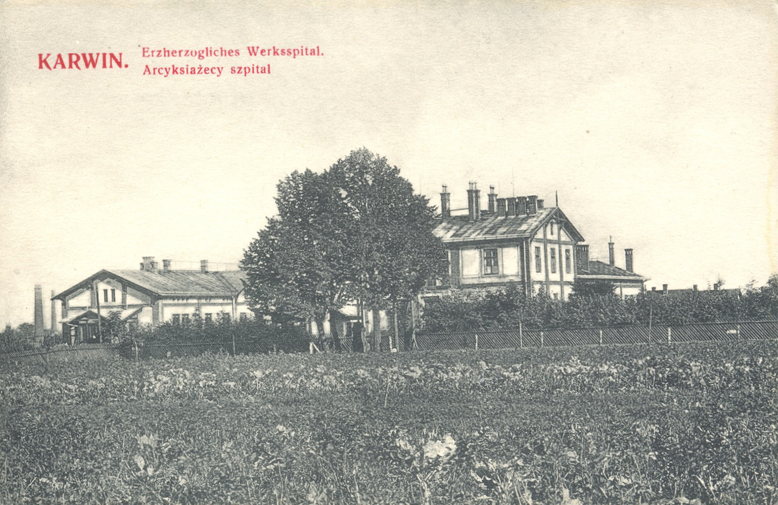 Závodní nemocnice na dobové pohlednici. Mezi stromy v popředí je patrný litinový kříž z roku 1874, dnes umístěný před vchodem do kostela Povýšení sv. Kříže ve Fryštátě.