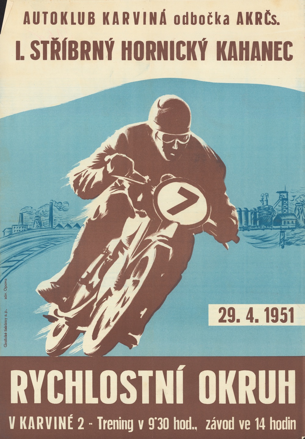 Plakát k motocyklovým závodům o I. Stříbrný hornický kahanec (29.4.1951)