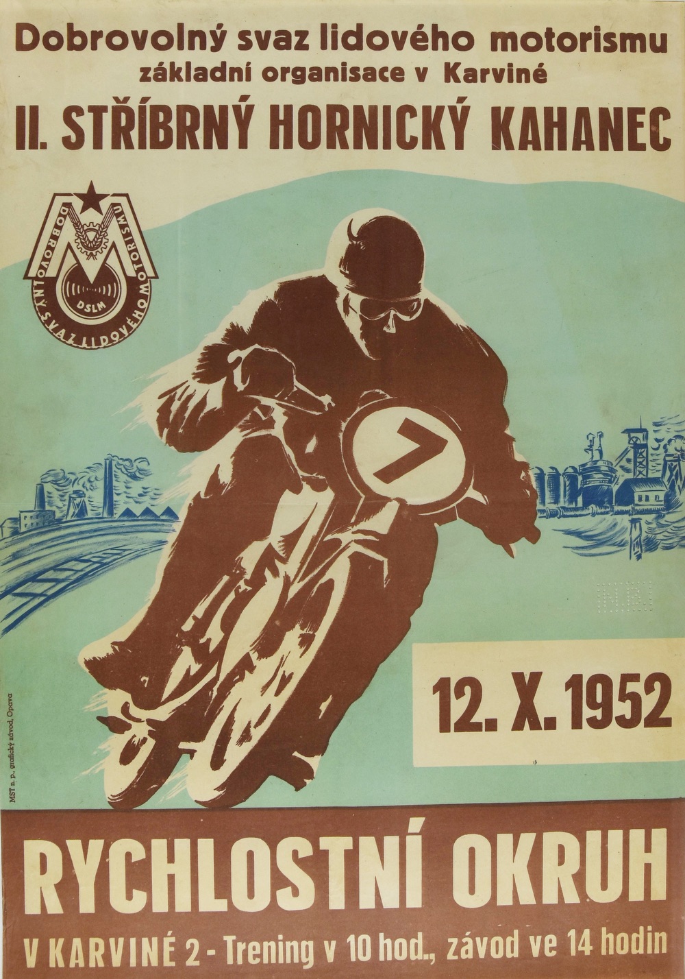 Plakát k motocyklovým závodům o II. Stříbrný hornický kahanec (12.10.1952)